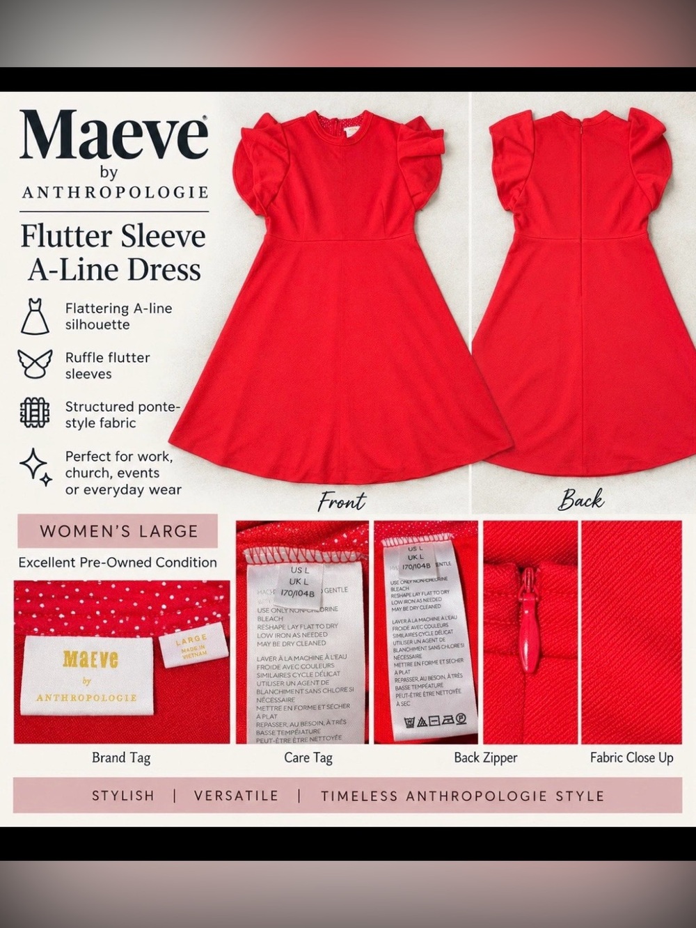 Maeve by Anthropologie Deena Swing Dress Red Flutter Sleeve A-Line Dress Large.